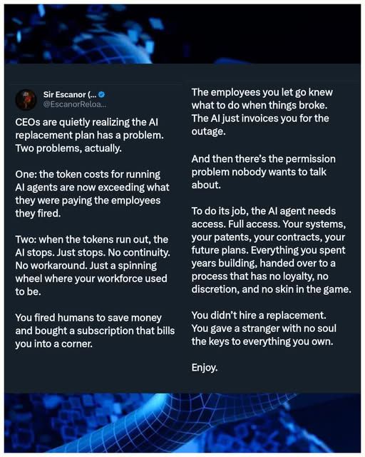 Screenshot eines anderen Posts. AI hat zwei Probleme:
1. Tokenkosten sind höher als Mitarbeiterkosten
2. Wenn die Tokens aus sind, dann wird keine Arbeit mehr gemacht